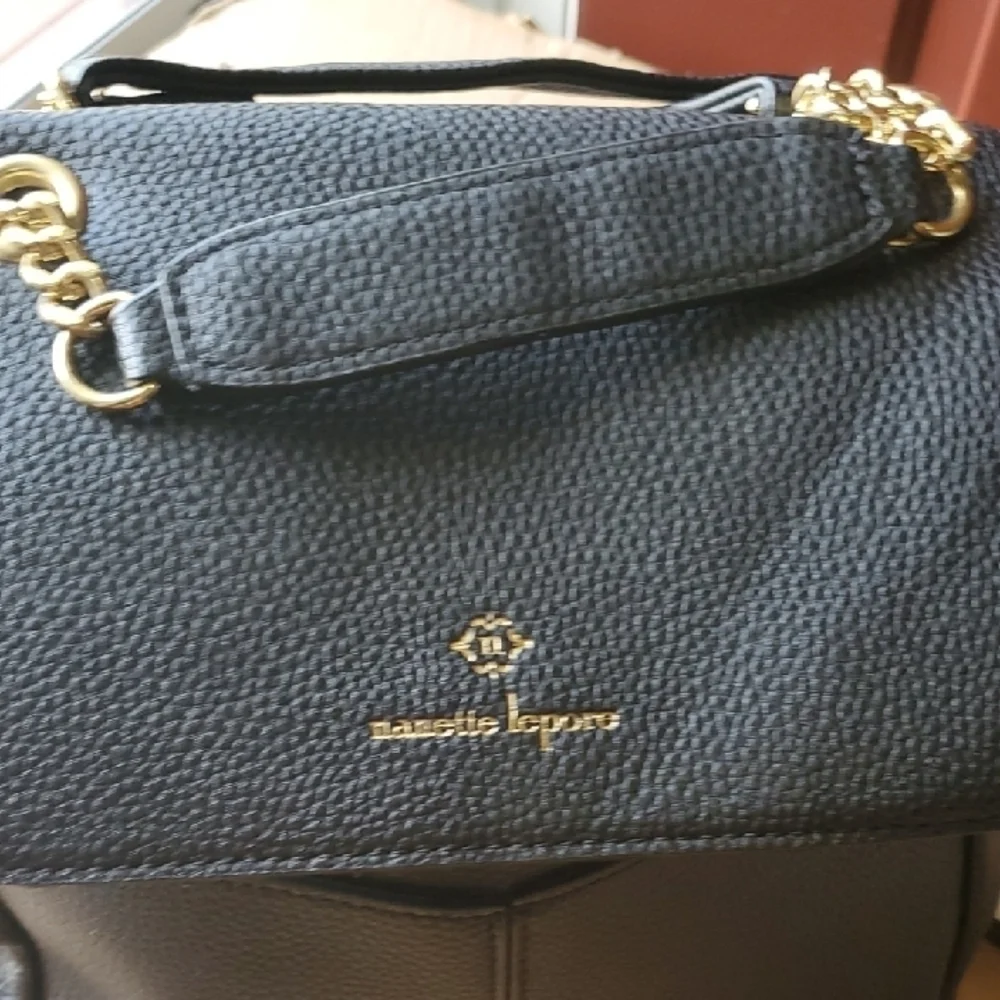 Nanette Lepore Black Leather Texture Convertabile Bag Or Backpack with Gold Logo